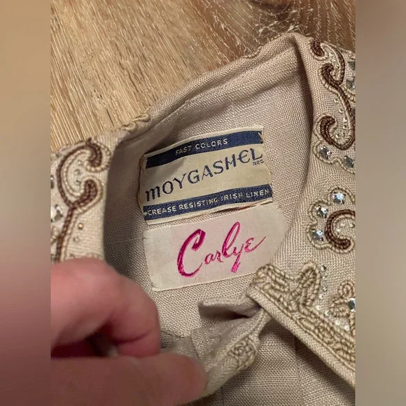 Vintage 1940’s 50s rhinestone beads linen dress pleats buttons Medium M 28”w VLV - Picture 4 of 12